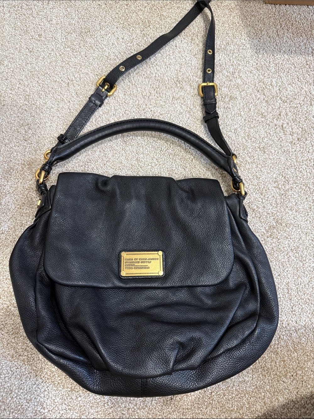 Marc by Marc Jacobs Black Leather Flap Shoulder Bag with Gold Plaque